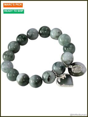 Natural Green Jade Bead Bracelet Heart Charm Lucky Coin Stretch